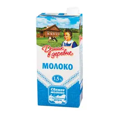 Молоко ДОМИК В ДЕРЕВНЕ, жирность 1,5%, ультрапастеризованное, картонная упаковка, 950 г, фото 1