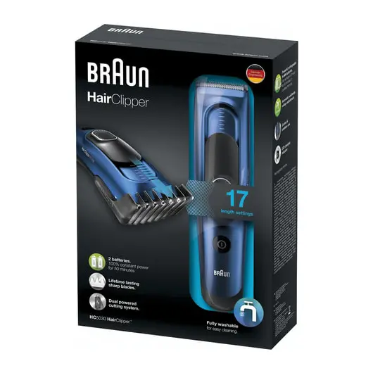 Машинка для стрижки волос BRAUN HC5030, 16 установок длины (3-35 мм), 2 насадки, сеть+ аккумулятор, синяя/черная, фото 7