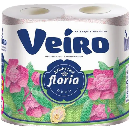 Бумага туалетная Veiro &quot;Floria. Душистый пион&quot; 2-х слойн., 4шт., тиснение, с рисунком, белая, фото 1