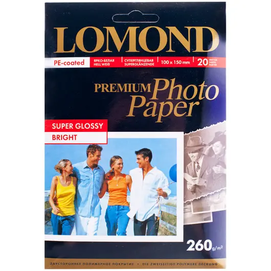 Бумага A6 (100*150) для стр. принтеров Lomond, 260г/м2 (20л) супергл., фото 1
