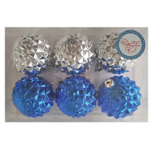 Набор пластиковых шаров 6шт, 60мм, серебро/синий, пластиковая упаковка, фото 1