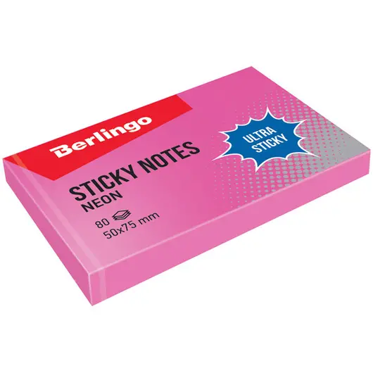 Самоклеящийся блок Berlingo &quot;Ultra Sticky&quot;, 50*75мм, 80л, розовый неон, фото 1