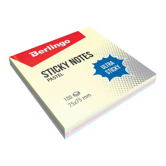 Самоклеящийся блок Berlingo &quot;Ultra Sticky&quot;, 75*75мм, 100л, 4 пастельных цвета, фото 1