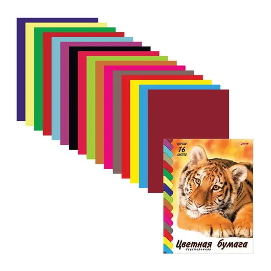 Цветная бумага, А4, двусторонняя, 16 цветов, HATBER VK &quot;Тигр&quot;, 195х270 мм, 16Бц4 08394, N078648, фото 1
