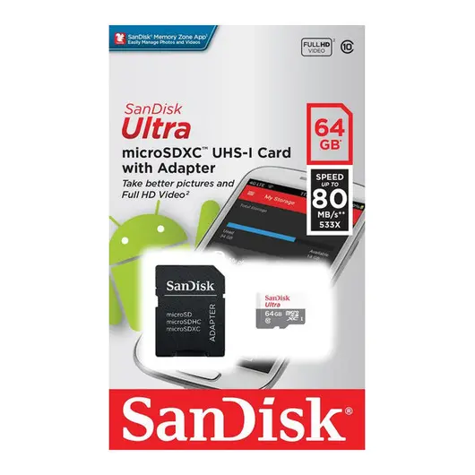 Карта памяти SanDisk MicroSDHC Ultra 64GB, Class 10, скорость чтения 80Мб/сек (с адаптером SD), фото 1