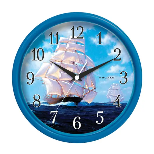 Часы настенные САЛЮТ ПЕ-Б4.1-281, круг, синие с рисунком &quot;Корабль&quot;, синяя рамка, 24,5х24,5х3,5 см, фото 1