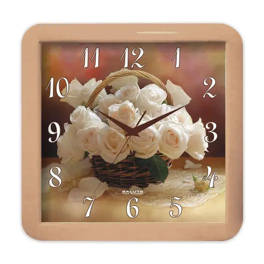Часы настенные САЛЮТ П-А2.2-404, квадрат,бежевые с рисунком &quot;Корзина роз&quot;, бежевая рамка, 29,5х30х4 см, фото 1