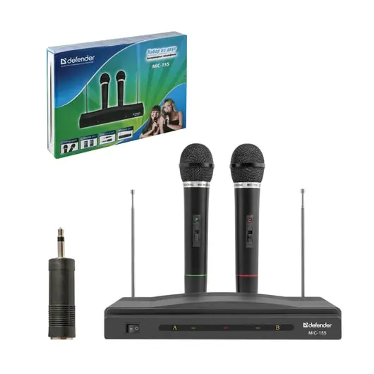 Микрофоны DEFENDER MIC-155, набор, беспроводные, радио 87-92 МГц, радиус действия 30 м, черные, 64155, фото 1