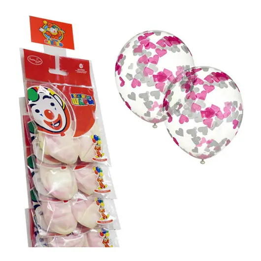 Воздушные шары,  2шт, 12/30см, Поиск &quot;Декоратор&quot;, наполн. сердца конфетти бумага белые, розовые,стр., фото 1
