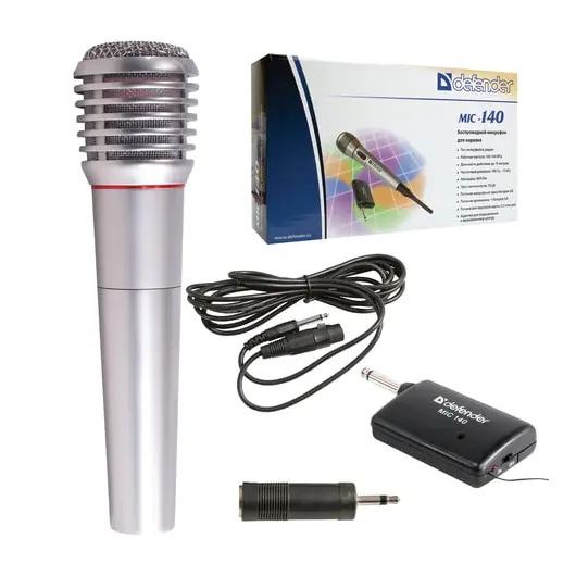 Микрофон DEFENDER MIC-140, беспроводной, радио 87-92 МГц, радиус действия 15 м, серый, 64140, фото 1