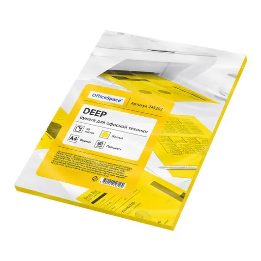 Бумага цветная OfficeSpace deep А4, 80г/м2, 50л. (желтый), фото 1