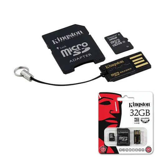 Карта памяти micro SDHC, 32 GB, KINGSTON, 10 Мб/сек. (class 10), два адаптера (SD, USB), MBLY10G2/32GB, фото 1