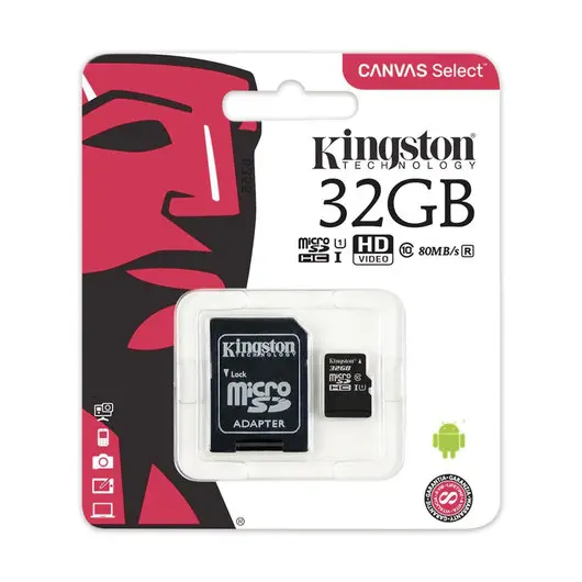 Карта памяти micro SDHC, 32 GB, KINGSTON Canvas Select, UHS-I U1, 80 Мб/сек. (class 10), адаптер, SDCS/32GB, фото 2