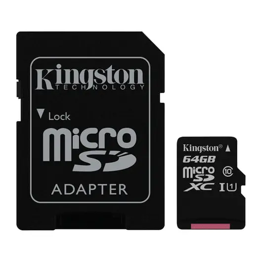 Карта памяти micro SDXC, 64 GB, KINGSTON Canvas Select, UHS-I U1, 80 Мб/сек. (class 10), адаптер, SDCS/64GB, фото 1