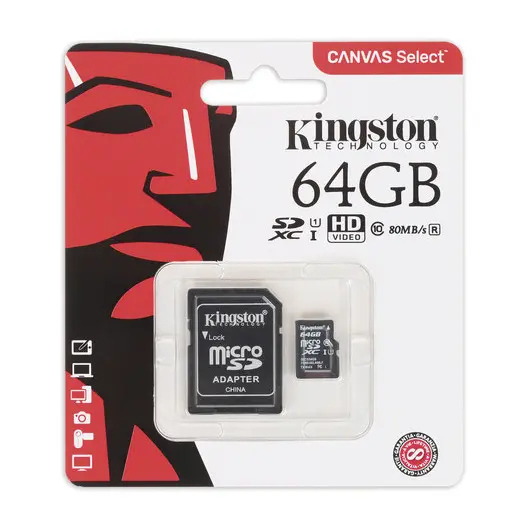 Карта памяти micro SDXC, 64 GB, KINGSTON Canvas Select, UHS-I U1, 80 Мб/сек. (class 10), адаптер, SDCS/64GB, фото 2