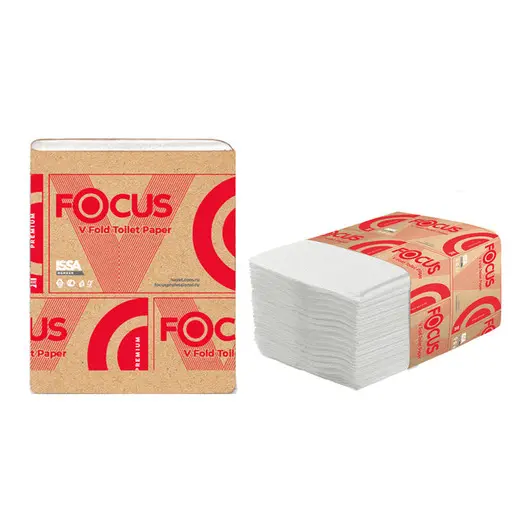 Бумага туалетная листовая Focus Premium(V-сл) 2-слойная, 250 лист/пач,  23*10,8 см, белая, фото 1