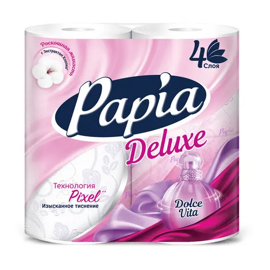 Бумага туалетная Papia Deluxe &quot;Dolce Vita&quot;, 4х-слойн., 4шт., ароматизир., фиолет тиснение, белый, фото 1