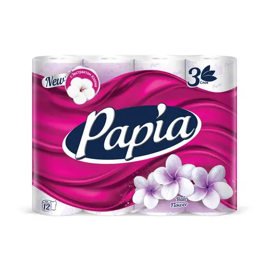 Бумага туалетная Papia &quot;Балийский Цветок&quot;, 3-слойная, 12 шт., ароматизир., фиолет. тиснение, белая, фото 1
