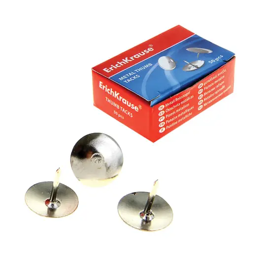 Кнопки канцелярские ERICH KRAUSE металлические, никелированные, 10мм, 50 штук в картонной коробке, 7851, фото 2