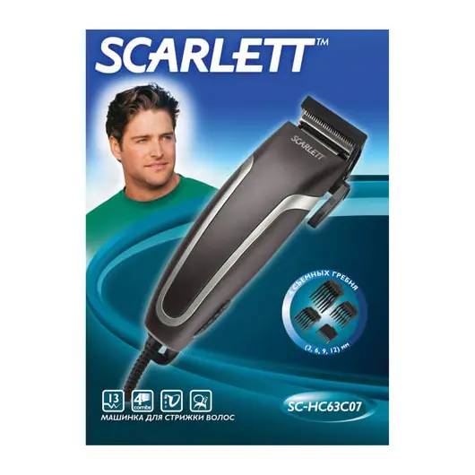 Машинка для стрижки волос SCARLETT SC-HC63C07, мощность 13 Вт, 4 насадки, сеть, пластик, черная, фото 2