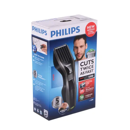 Машинка для стрижки волос PHILIPS HC5438/15, 23 установки длины, 2 насадки, аккумулятор+сеть, чёрная, фото 2