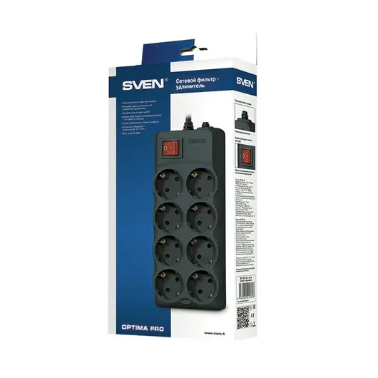 Сетевой фильтр SVEN Optima Pro, 8 розеток, 1,8 м, черный, SV-013677, фото 2