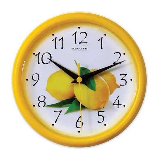 Часы настенные САЛЮТ ПЕ-Б2-202, круг, белые с рисунком &quot;Лимон&quot;, желтая рамка, 24,5х24,5х3,5 см, фото 1