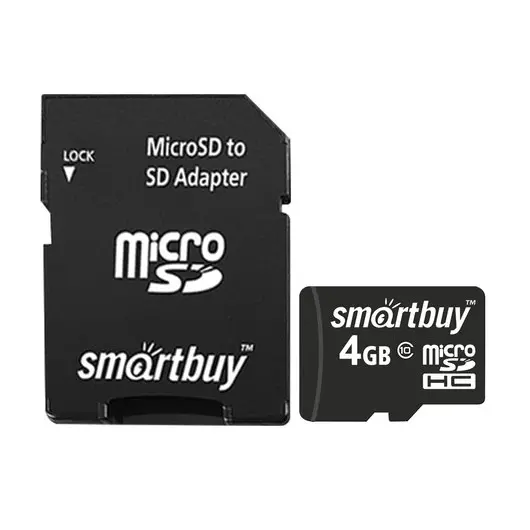 Карта памяти micro SDHC, 4 GB, SMARTBUY, 10 Мб/сек. (class 10), с адаптером, SB4GBSDCL10-01, фото 1