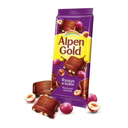 Шоколад ALPEN GOLD (Альпен Голд), молочный с фундуком и изюмом, 90 г, 40606, фото 1