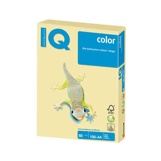 Бумага IQ color, А4, 80 г/м2, 100 л., пастель, желтая, YE23, фото 1