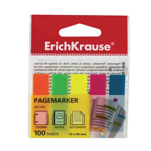Закладки клейкие ERICH KRAUSE &quot;Neon&quot;, 44х12 мм, 5 цветов х 20 листов, в пластиковой книжке, 31177, фото 1