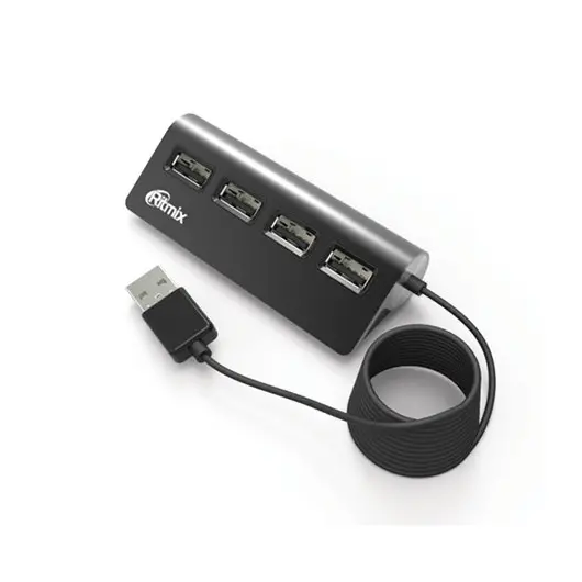 Хаб RITMIX CR-2400, USB 2.0, 4 порта, кабель 1 м, алюминиевый корпус, черный, 15118095, фото 1