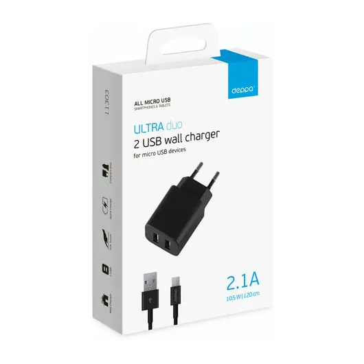 Зарядное устройство сетевое (220 В) DEPPA Ultra, кабель micro USB 1,2 м, 2 порта USB, выходной ток 2,1 А, черное, 11303, фото 2