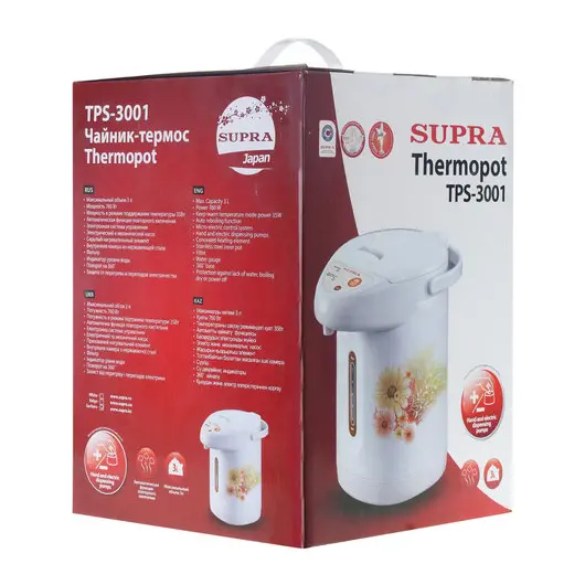 Термопот SUPRA TPS-3001, 3 л, 760 Вт, 2 режима подачи воды, пластик, белый с цветочным принтом, фото 7