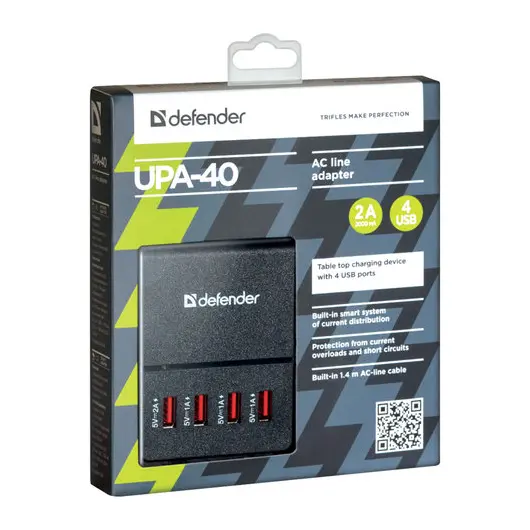 Зарядное устройство сетевое (220В) на 4 USB-порта, DEFENDER UPA-40, шнур 1,4 м, черное, 83537, фото 4