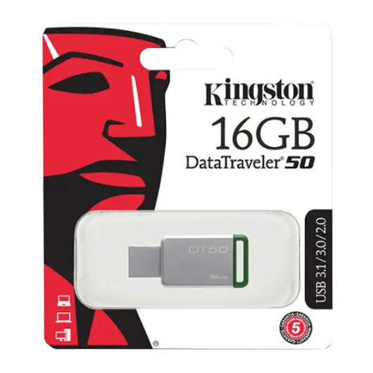Флэш-диск 16 GB KINGSTON DataTraveler 50 USB 3.0, металлический корпус, серебристый/зеленый, DT50/16GB, фото 3