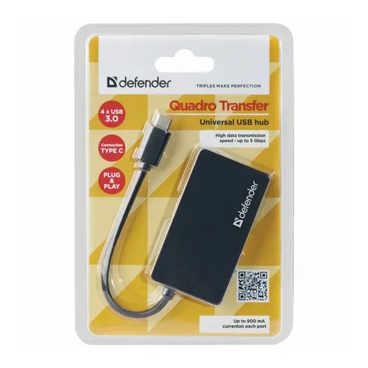 Хаб DEFENDER Quadro Transfer, Type-C - USB 3.0, 4 порта, кабель 0,14 м, черный, 83208, 83206, фото 3