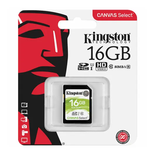 Карта памяти SDHC 16 GB KINGSTON Canvas Select UHS-I U1, 80 Мб/сек (class 10), SDS/16G, SDS/16GB, фото 2