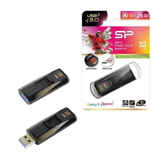 Флэш-диск 32 GB SILICON POWER Blaze B50 USB 3.1, черный, SP32GBUF3B50V1K, фото 1