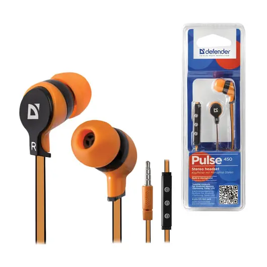 Наушники с микрофоном (гарнитура) DEFENDER Pulse 450, проводная, 1,2 м, вкладыши, для Android, оранжевая, 63450, фото 1