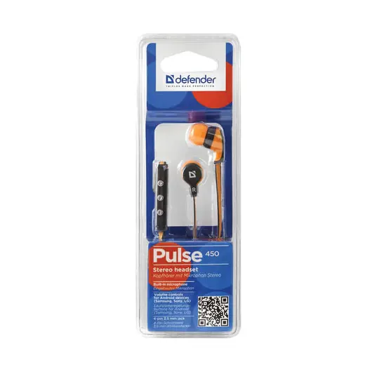 Наушники с микрофоном (гарнитура) DEFENDER Pulse 450, проводная, 1,2 м, вкладыши, для Android, оранжевая, 63450, фото 3