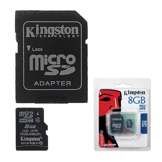 Карта памяти micro SDHC, 8 GB, KINGSTON, 4 Мб/сек. (class 4), с адаптером, SDC4/8GB, фото 1