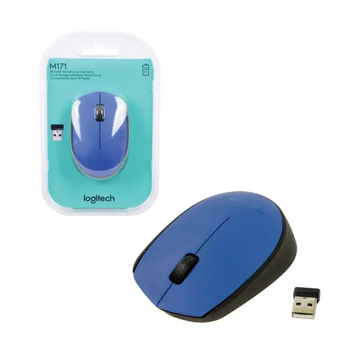 Мышь беспроводная LOGITECH M171, 2 кнопки + 1 колесо-кнопка, оптическая, синяя, 910-004640, фото 1