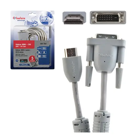 Кабель HDMI-DVI-D, 5 м, BELSIS, 2 фильтра, для передачи цифрового видео, блистер, BW1762, фото 1