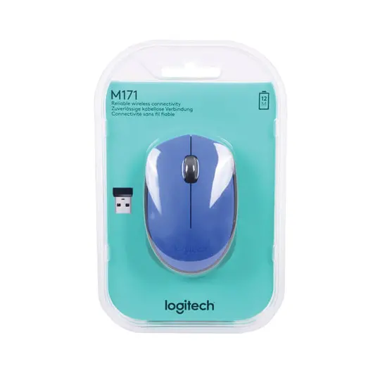 Мышь беспроводная LOGITECH M171, 2 кнопки + 1 колесо-кнопка, оптическая, синяя, 910-004640, фото 3