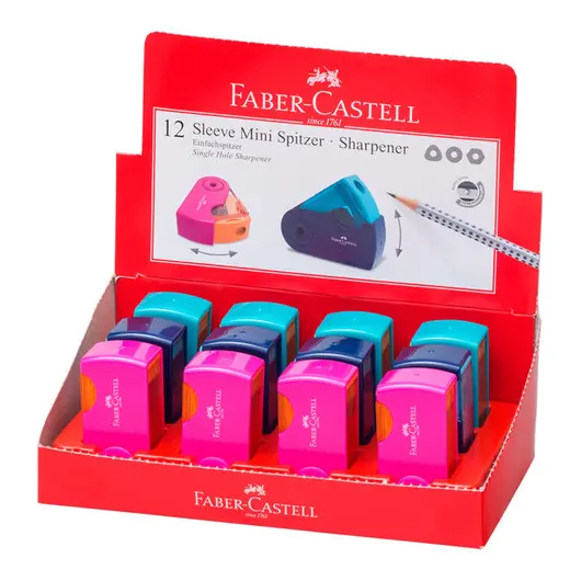 Точилка пластиковая Faber-Castell &quot;Sleeve Mini&quot;, 1 отверстие, контейнер, розов./оранж., бирюзов., фото 1