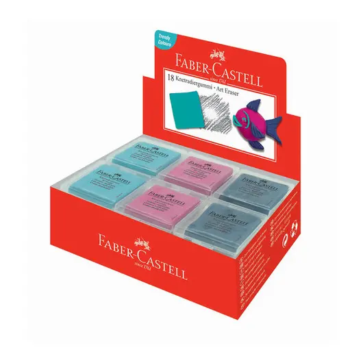 Ластик-клячка Faber-Castell, формопласт, 40*35*10мм, бирюзов./розов./синий, пластик. контейнер, фото 1