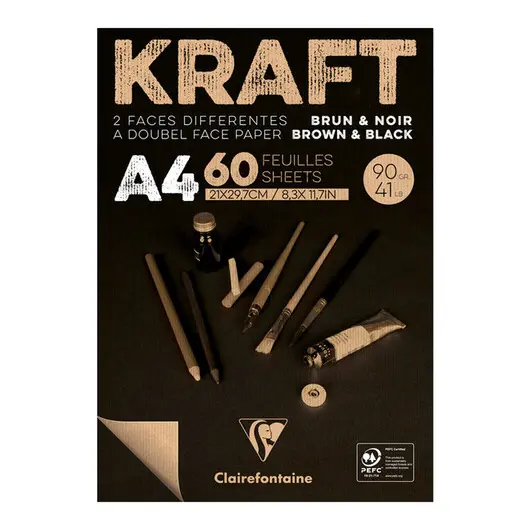 Блокнот для эскизов и зарисовок 60л. А4 на склейке Clairefontaine &quot;Kraft&quot;, 90г/м2,верже,черный/крафт, фото 1