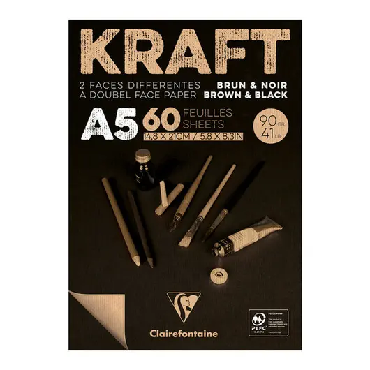 Блокнот для эскизов и зарисовок 60л. А5 на склейке Clairefontaine &quot;Kraft&quot;, 90г/м2,верже,черный/крафт, фото 1