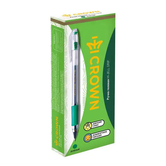 Ручка гелевая Crown &quot;Hi-Jell Grip&quot; зеленая, 0,5мм, грип, фото 3